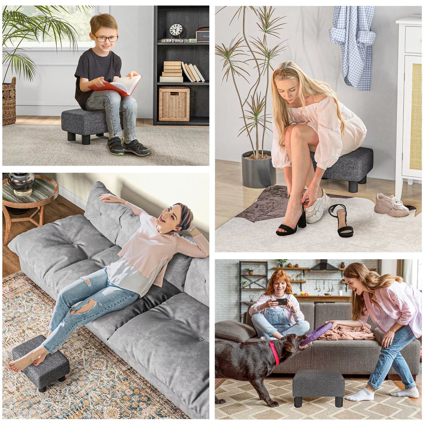 Pufas, sėdimasis taburetė su lininio audinio apmušalu, putplasčio užpildu, plastikinėmis kojelėmis, įvairiems kambariams, pilkos spalvos