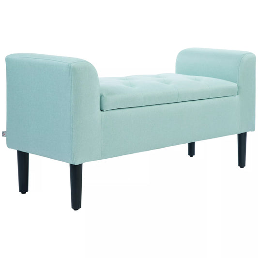 Suoliukas su daiktadėže, minkštas suoliukas, atlaiko iki 130 kg, lininio audinio išvaizda, kaučiukmedžio mediena, 116 x 44 x 58 cm, žalias