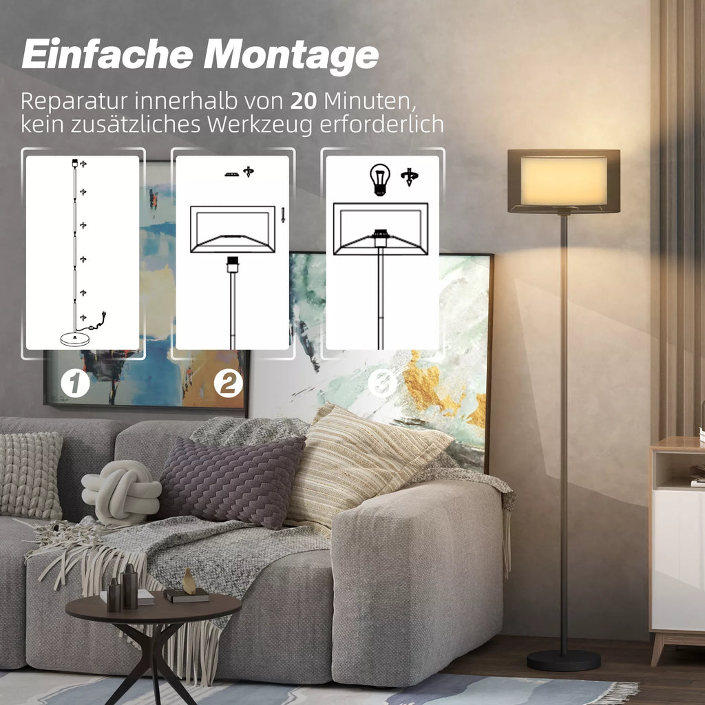 Pastatomas šviestuvas, audinio gaubtas, 152,5 cm, juodas ir baltas