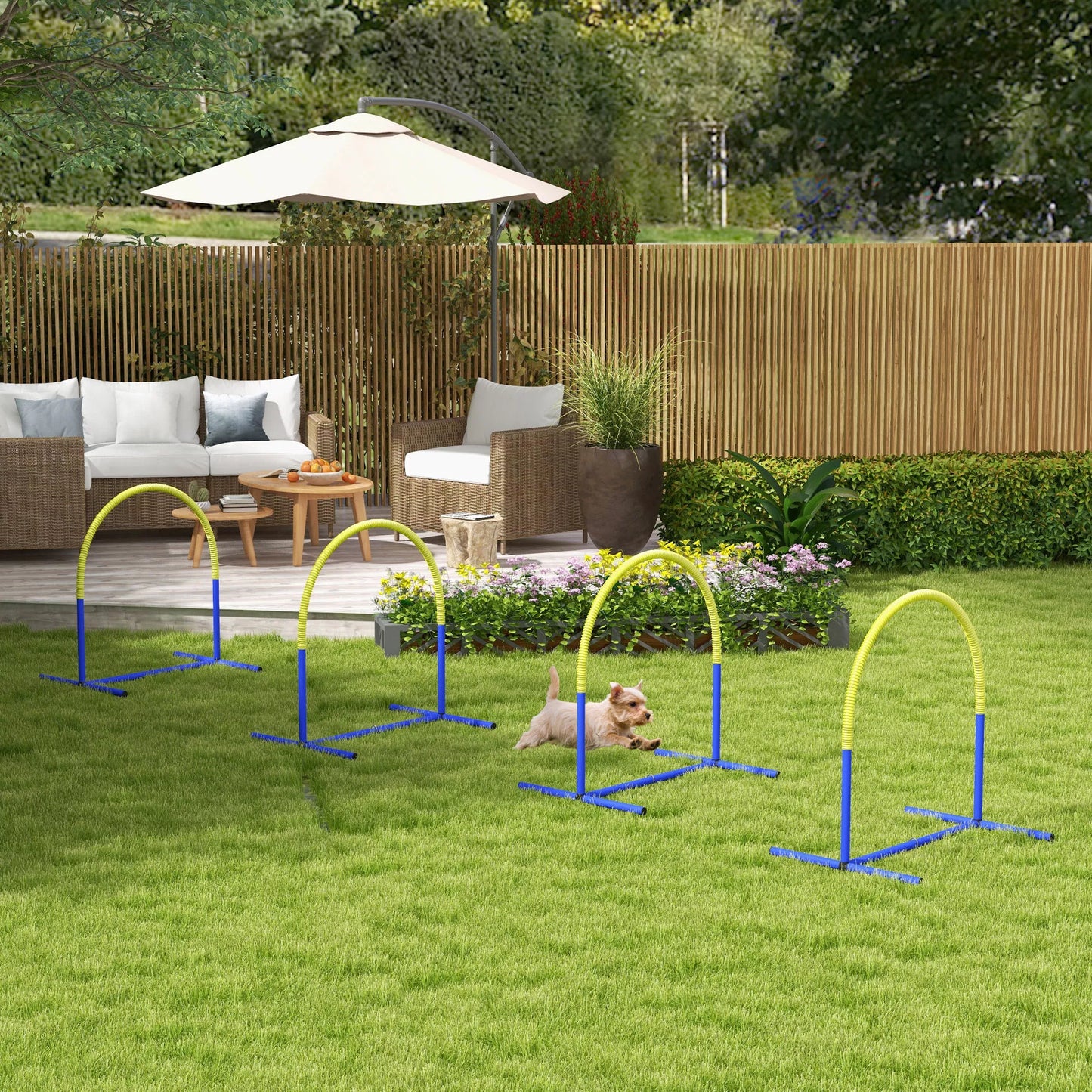 Agility rinkinys šunims, šunų dresūrai, 4 lankai, pradedantiesiems, su nešiojimo krepšiu, mėlynas+geltonas, 88 x 64 x 95cm