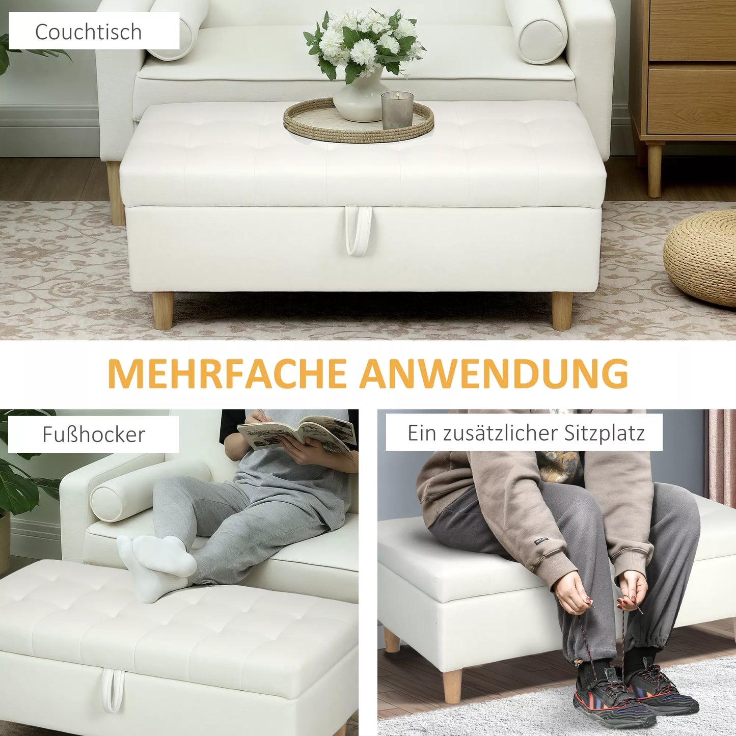 Minkštas taburetė su daiktų laikymo vieta, medinės kojos, minkštas audinys, kreminė balta spalva