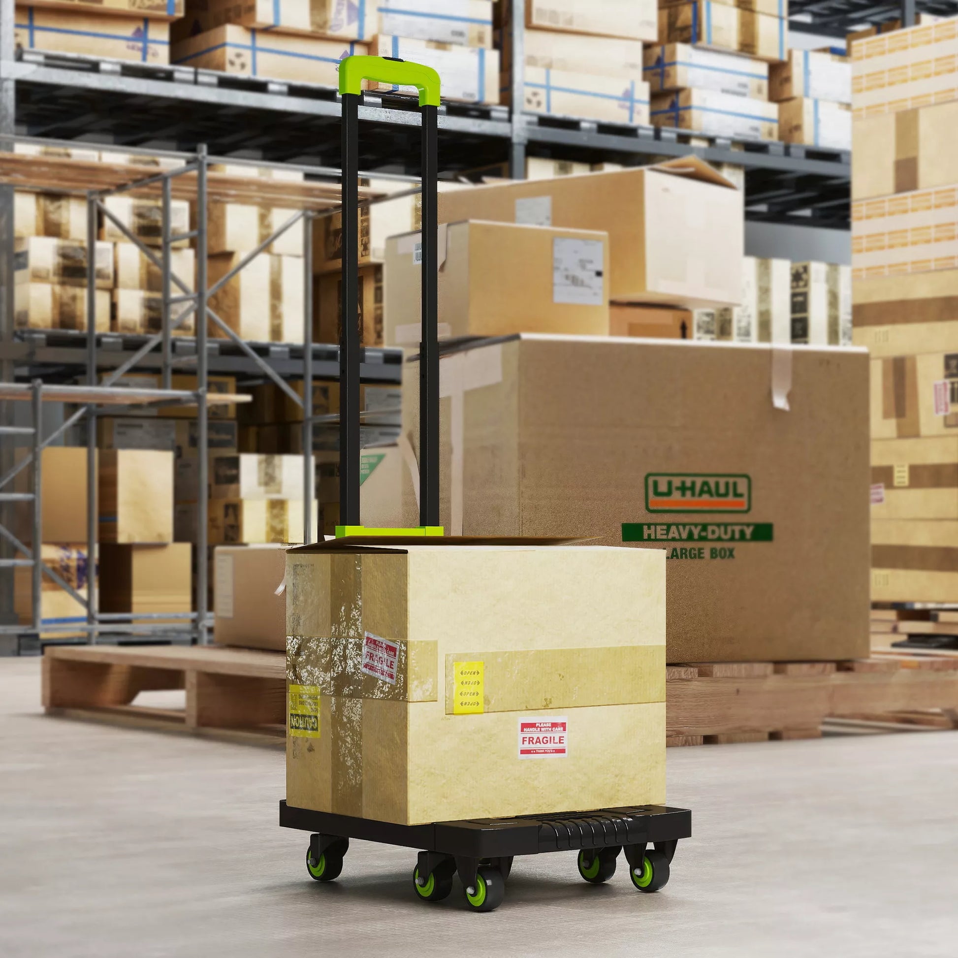 Sulankstomas metalinis vežimėlis su ratukais ir reguliuojamu rankenėle 49 x 35 x 102 cm Žalias