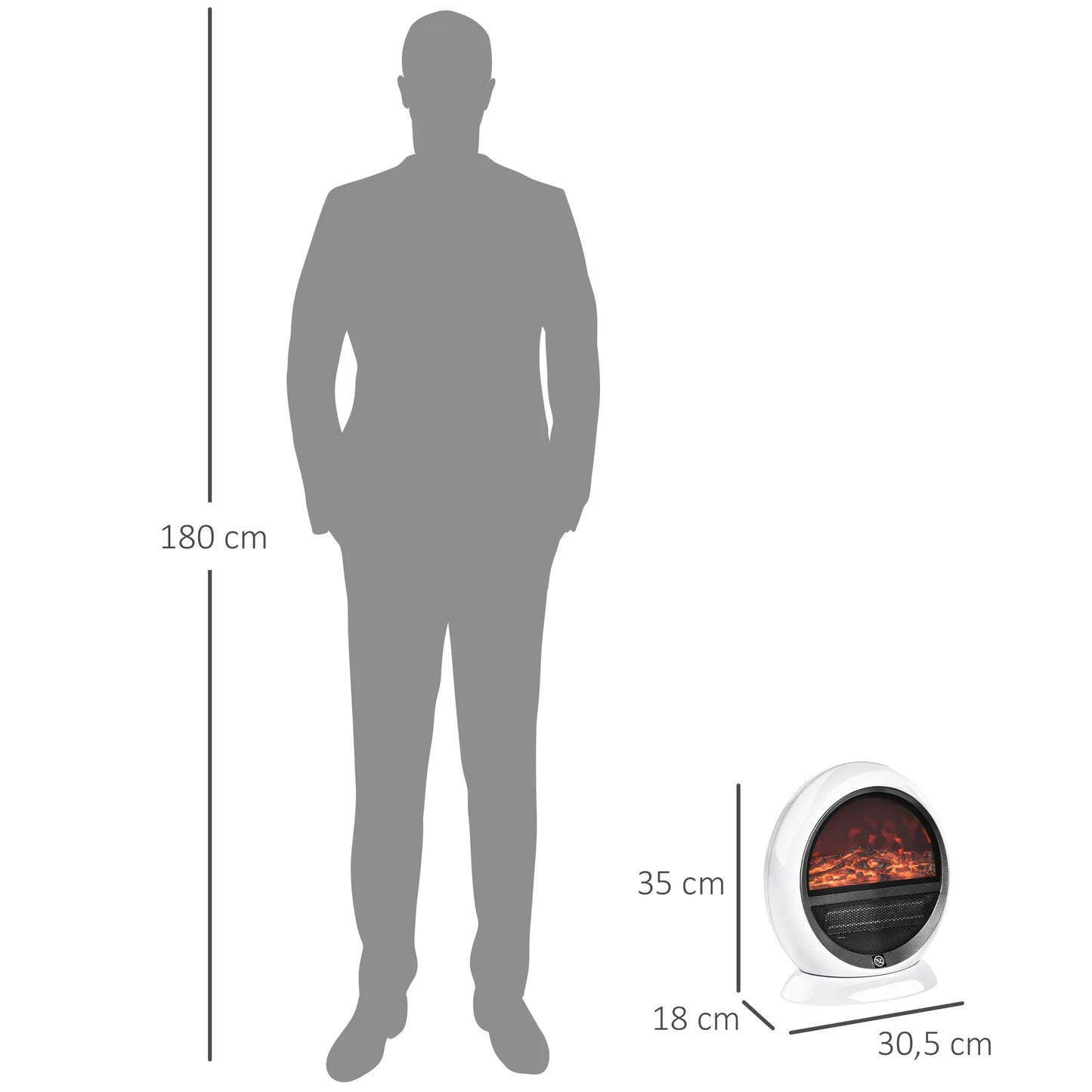 LED elektrinis židinys Mini, stalinis, pastatomas, su liepsnos efektu 1500W ABS plastikas, baltas 30,5 x 18 x 35 cm