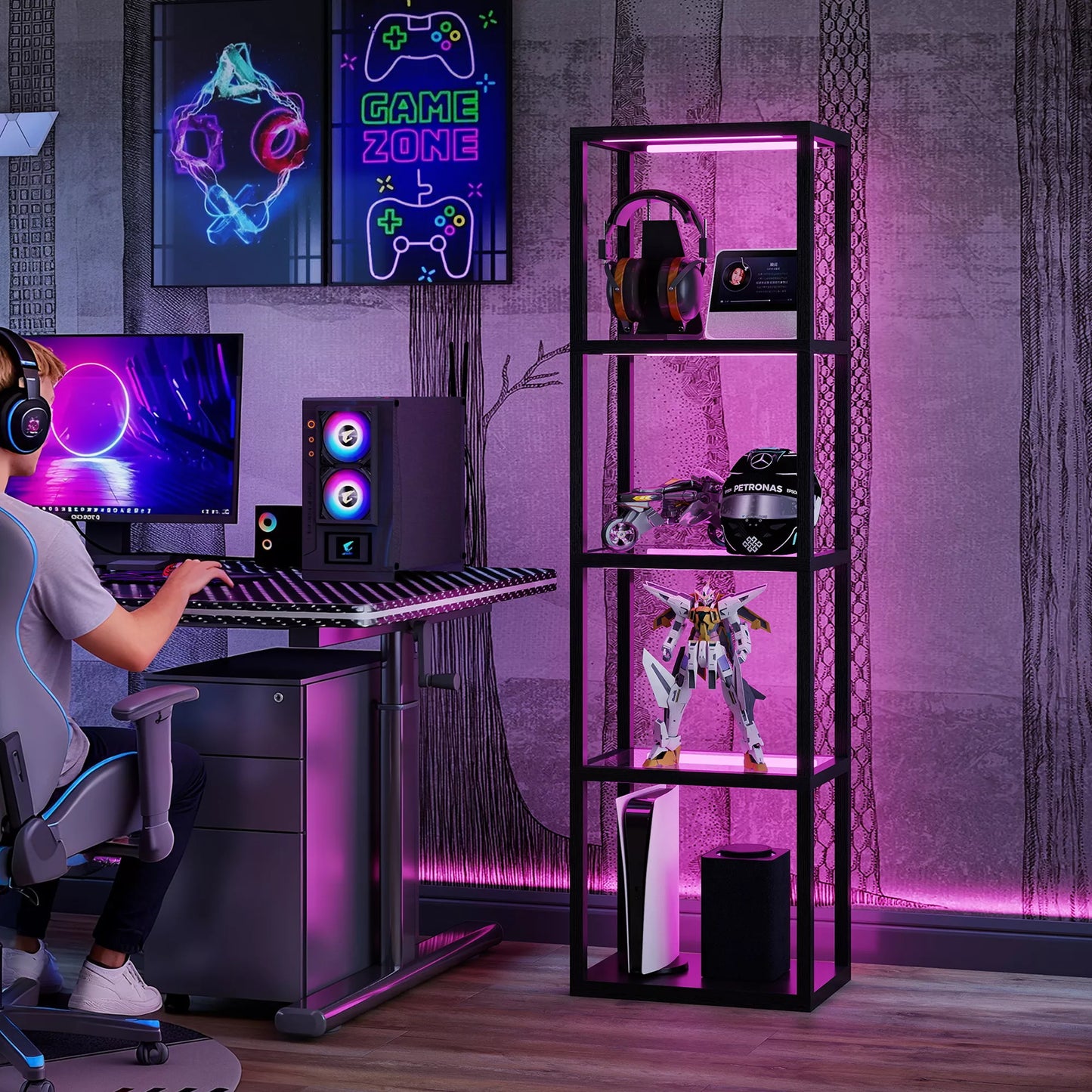 RGB stovas su stiklinėmis lentynomis, 4 lygių LED stovas su nuotolinio valdymo pultu, muzikos sinchronizavimas, juodas