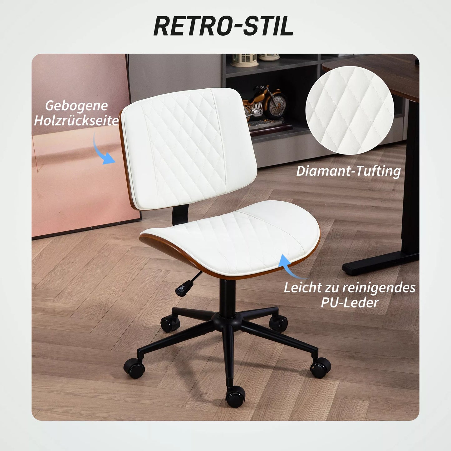 Biuro kėdė, aukštyje reguliuojama darbo kėdė su ratukais, deimantinis dygsniavimas 52 x 53 x 80-90 cm Balta