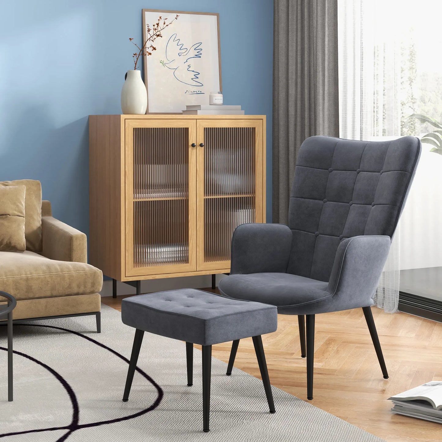 Fotelis su osmanu, iki 120 kg. Sagčių apdaila, tamsiai pilkos spalvos