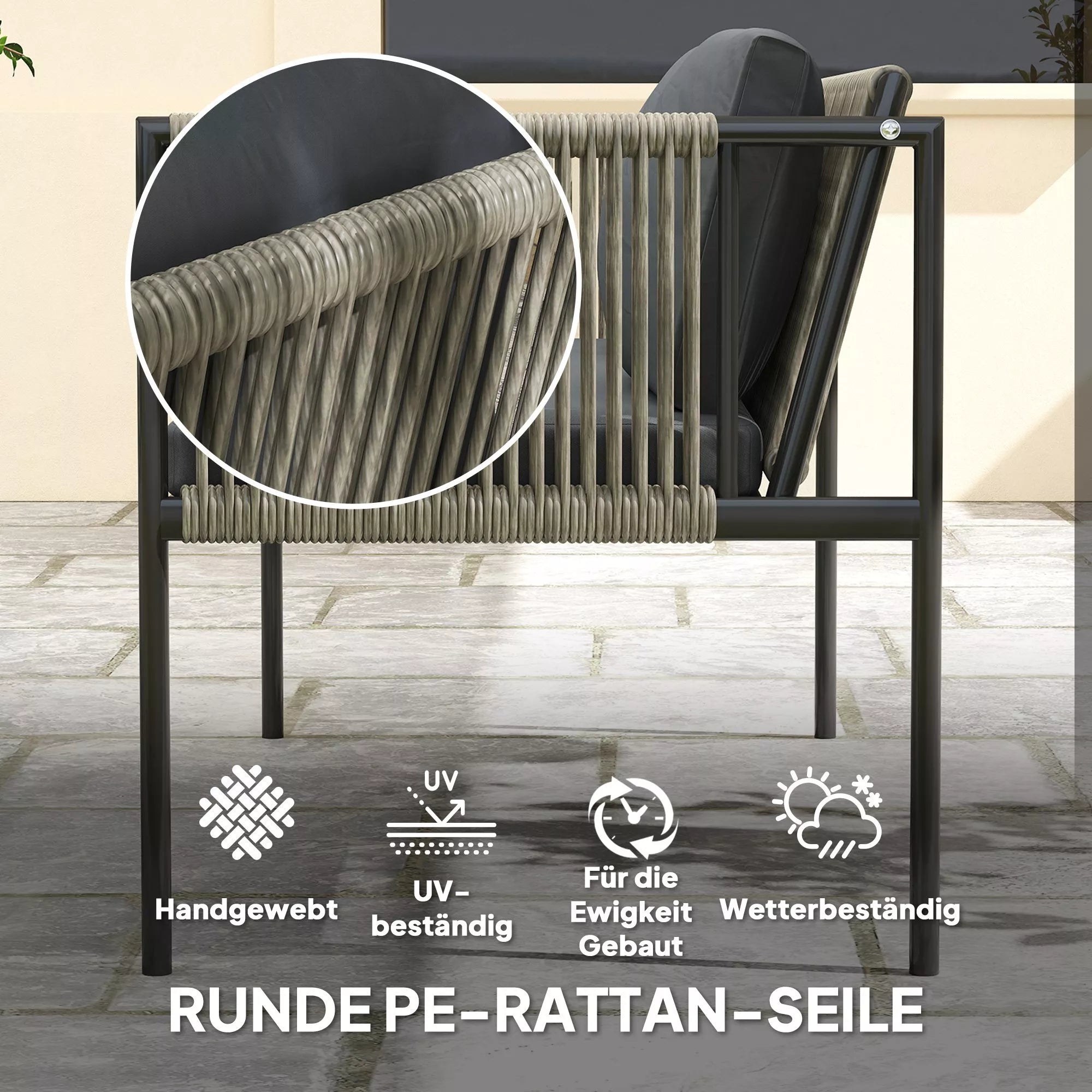4 dalių sodo baldų komplektas, 1 sofa, 2 foteliai, 1 stalas su stikliniu stalviršiu, pagalvėlės, plieninis rėmas, dirbtinis rotangas, pilkos spalvos