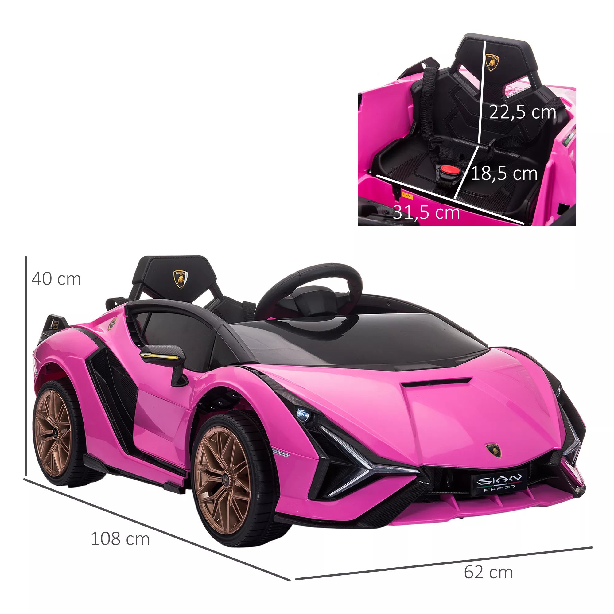 Vaikų automobilio matmenų schema: 108 cm ilgis, 62 cm plotis, 40 cm aukštis