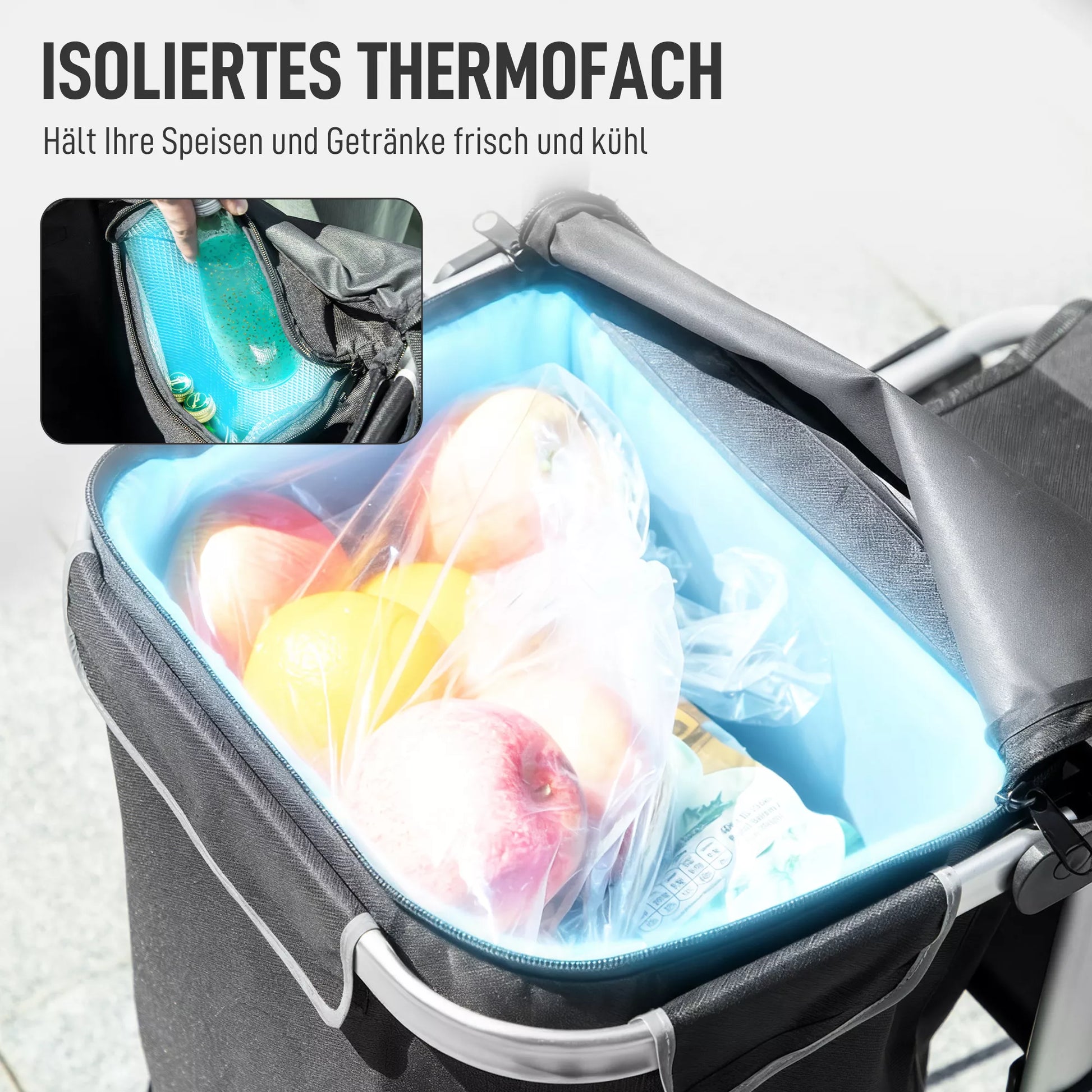 3-in-1 sulankstomas pirkinių vežimėlis, kurio talpa 40 l, vežimėlis gali išlaikyti iki 25 kg svorį, su šaldymo skyriumi, juodos spalvos