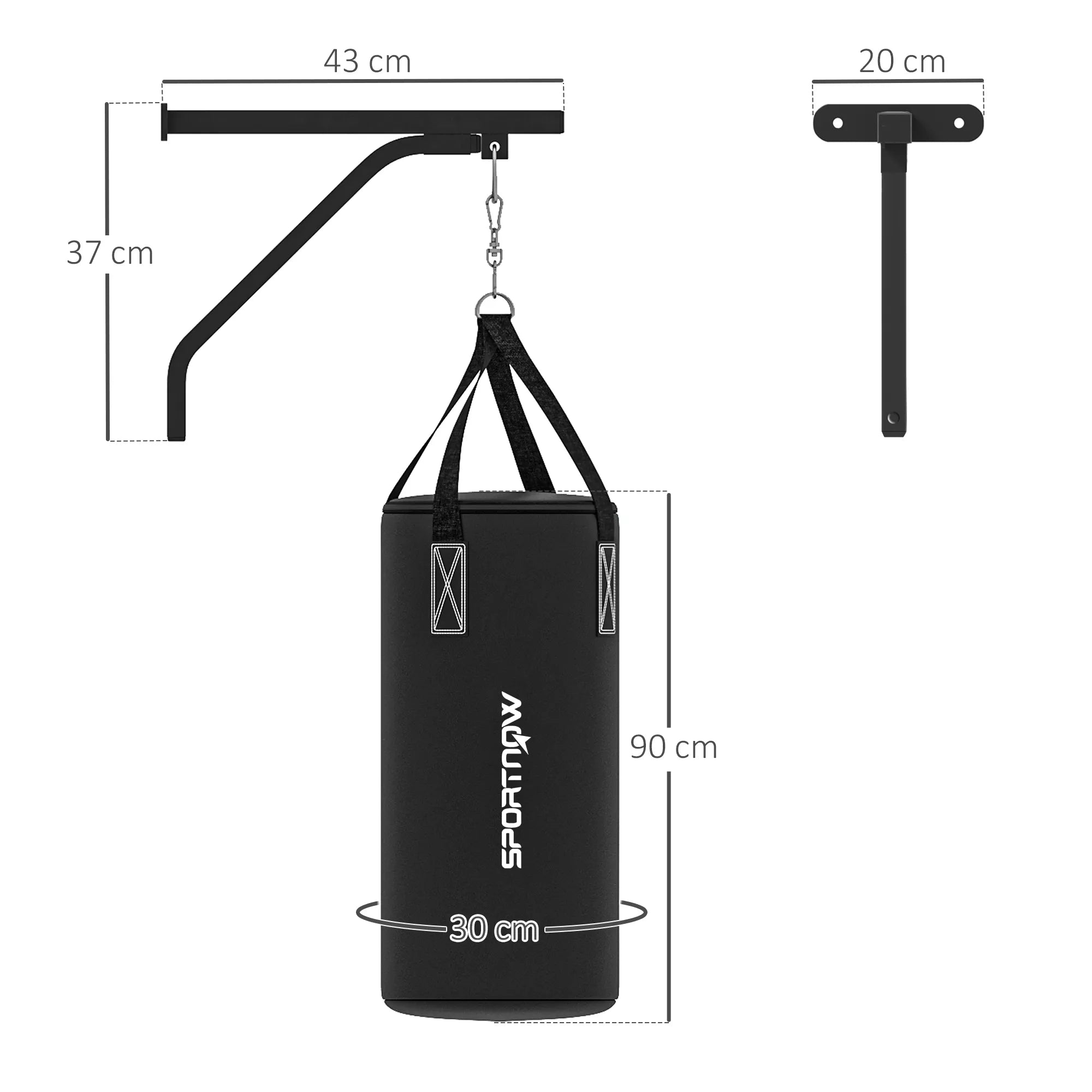 Bokso maišas, užpildomas, su sieniniu laikikliu, pirštinėmis ir tvarsciais, iki 45 kg, juodas