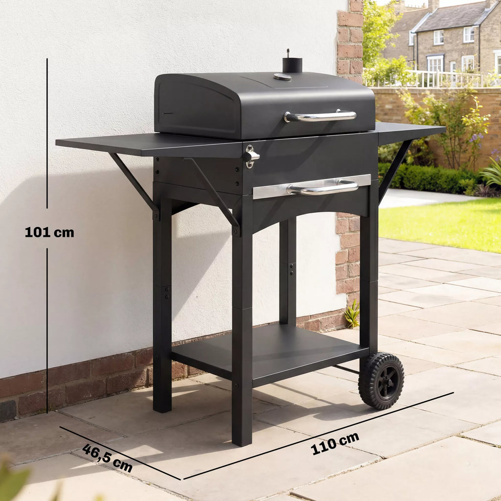 Anglies grilis su dangčiu, BBQ rūkymo grilis su 2 šoniniais stalais Didelis grilio paviršius Grilio grotelės Termometras Ratai