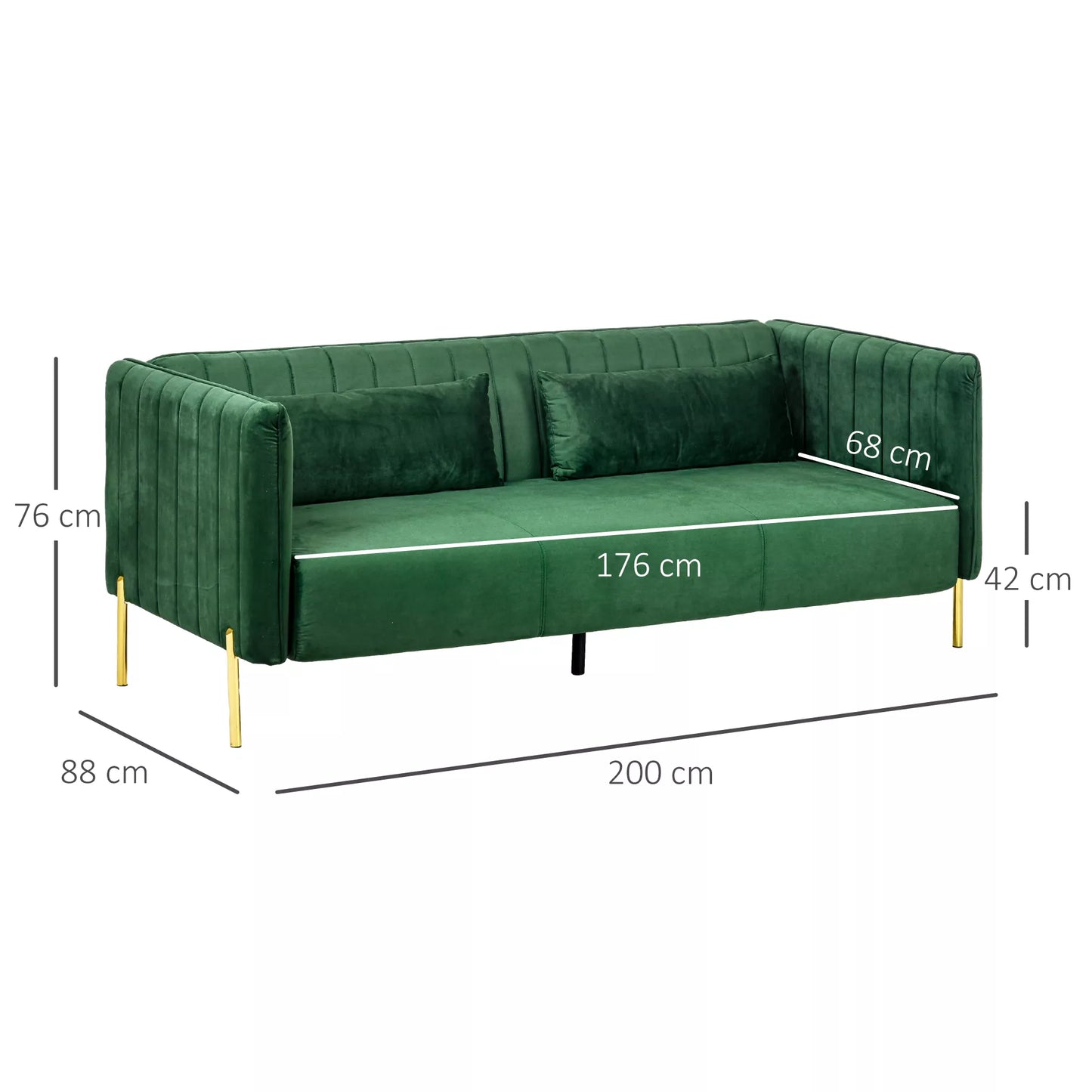 Trivietė sofa-lova, 2 pagalvėlės, aksominė išvaizda, retro dizainas, nuimamas užvalkalas, 195 cm x 88 cm x 76 cm, žalia