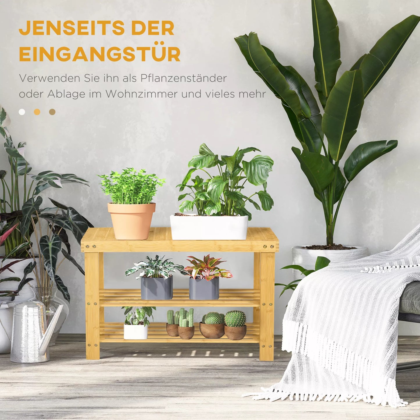 Batų suolas, 3 lentynos, talpa 6-9 poroms batų, iki 130 kg, bambukas, 70 x 28 x 45 cm