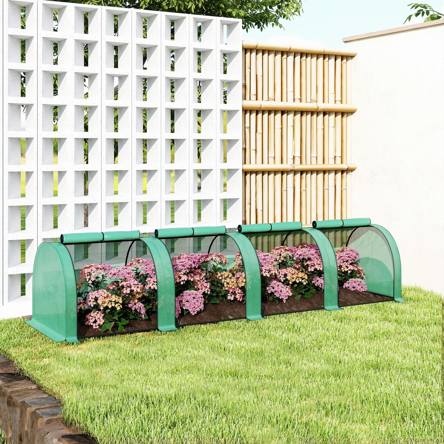 Tunelinis šiltnamis, 4 langai su užtrauktukais, plieninis rėmas, tvirtas tentas, 395 x 100 x 80 cm, žalias