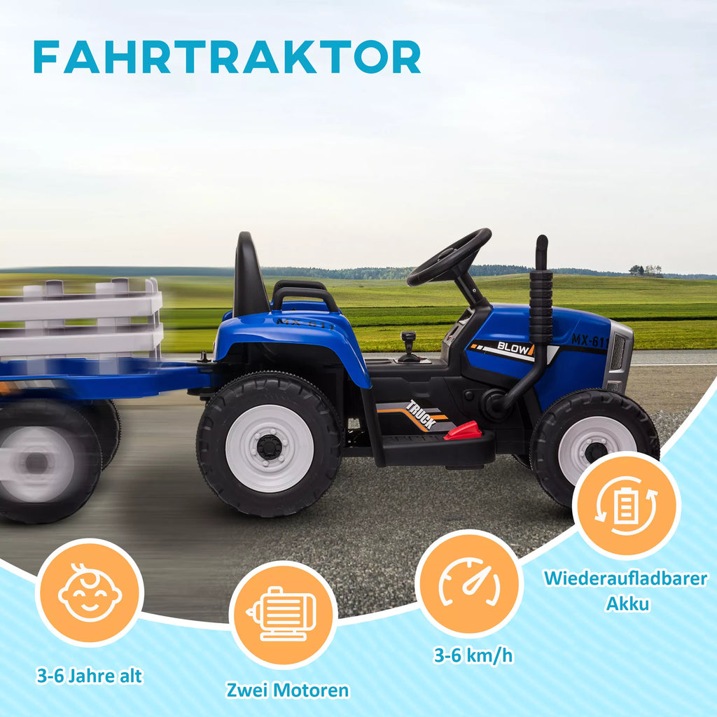 Vaikų elektrinis automobilis su priekaba, nuotolinio valdymo pultu, žibintais, 3–6 km/h, skirtas 3–6 metų vaikams, mėlynos spalvos