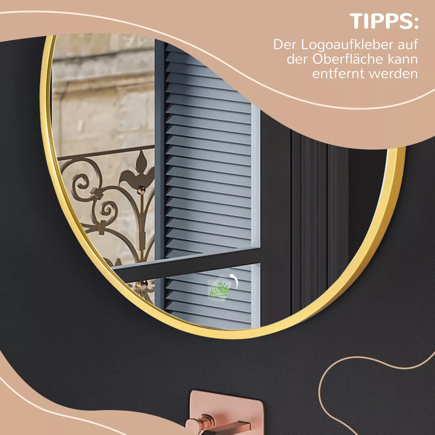 Apvalus sieninis veidrodis voniai, miegamajam, prieškambariui, metalinis rėmas, auksinės spalvos, Ø50 cm