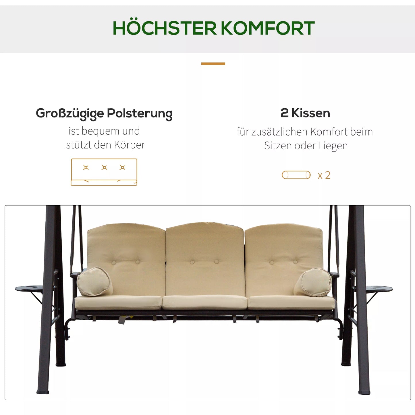 3 vietų "Hollywood" sūpynės su stogeliu, smėlio+rudos spalvos, 121x208x172 cm