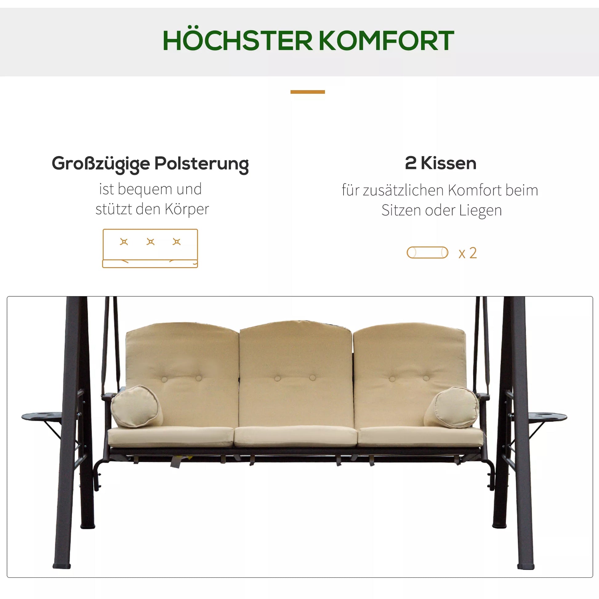 3 vietų "Hollywood" sūpynės su stogeliu, smėlio+rudos spalvos, 121x208x172 cm