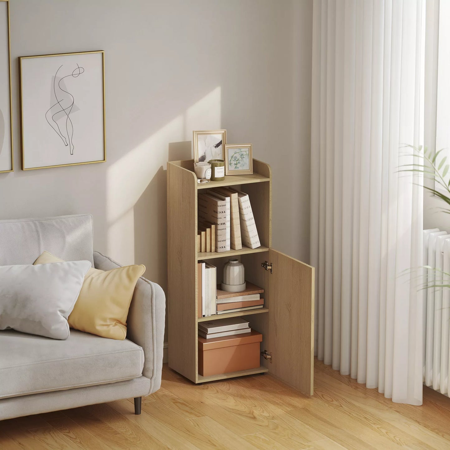 Vonios spintelė nišinė su spintele, atviromis lentynomis, reguliuojamomis lentynomis, vonios baldas, 40 x 31 x 104 cm, ąžuolo geltonumo