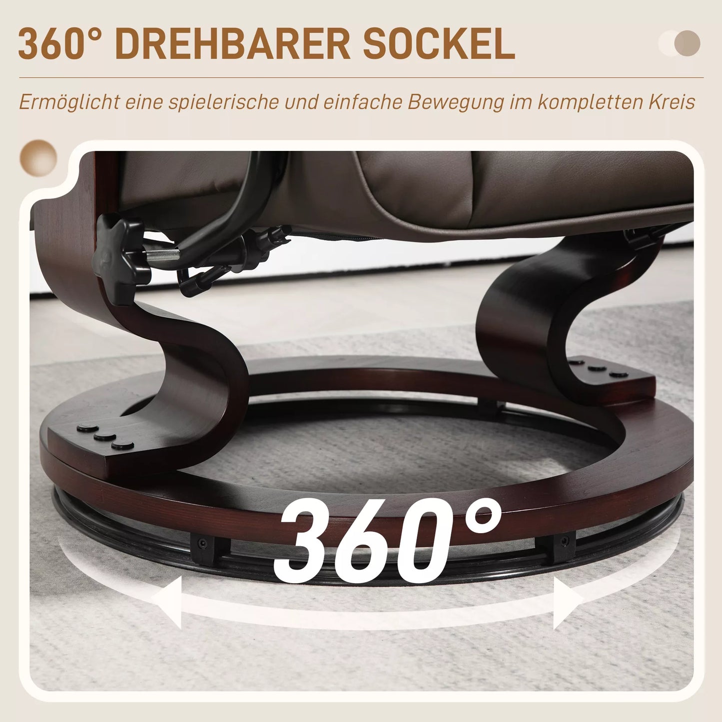 Atsipalaidavimo krėslas su pakoja, sukinėjamas ir atlošiamas, dirbtinės odos apmušalas, iki 150 kg, medinis rėmas, rudas