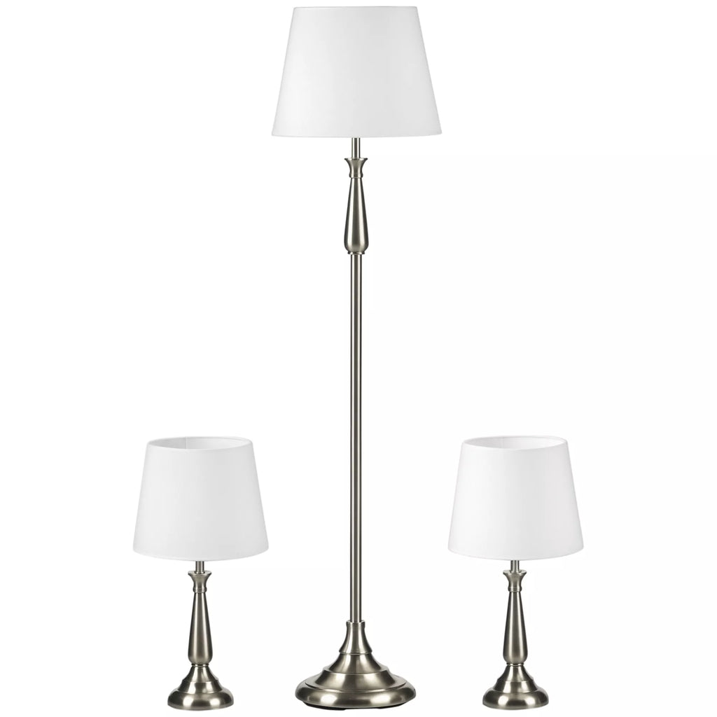 3 dalių vintažinio dizaino šviestuvų komplektas, 2 stalinės lempos, 1 pastatomas šviestuvas, 35,5 cm x 35,5 cm x 146 cm, Sidabrinė + Balta