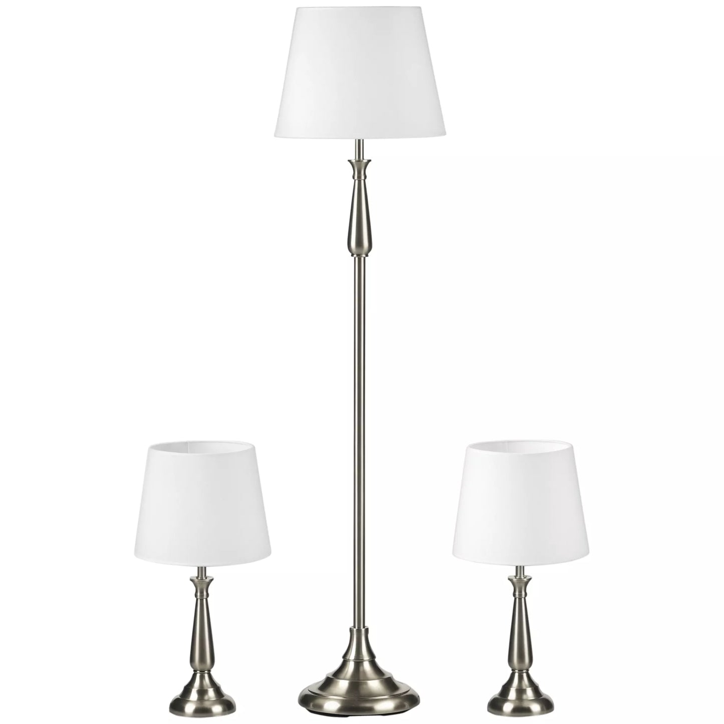 3 dalių vintažinio dizaino šviestuvų komplektas, 2 stalinės lempos, 1 pastatomas šviestuvas, 35,5 cm x 35,5 cm x 146 cm, Sidabrinė + Balta