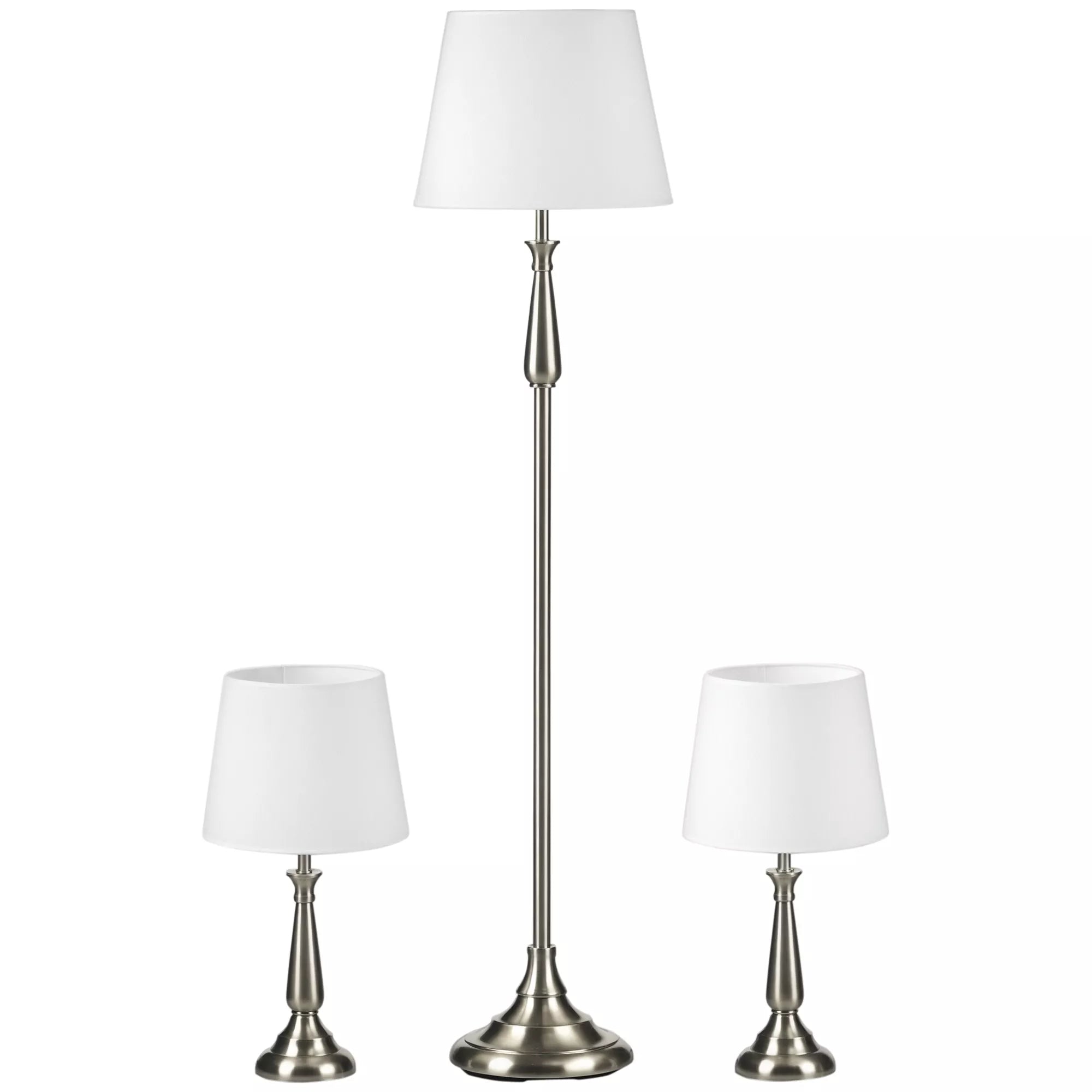 3 dalių vintažinio dizaino šviestuvų komplektas, 2 stalinės lempos, 1 pastatomas šviestuvas, 35,5 cm x 35,5 cm x 146 cm, Sidabrinė + Balta