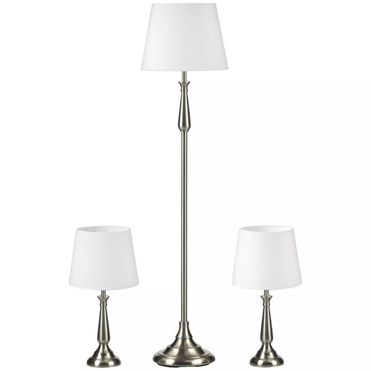 3 dalių vintažinio dizaino šviestuvų komplektas, 2 stalinės lempos, 1 pastatomas šviestuvas, 35,5 cm x 35,5 cm x 146 cm, Sidabrinė + Balta