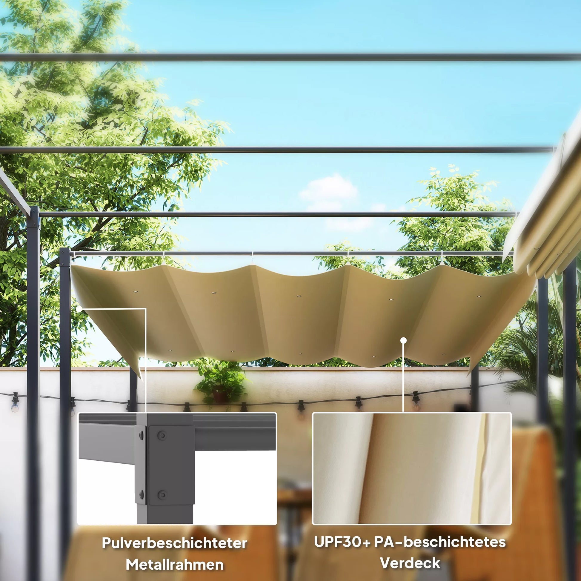 3 x 3 m sodo pergola su ištraukiamu stogu, pavėsine, baldakimu šešėliui, UPF30+, smėlio spalvos