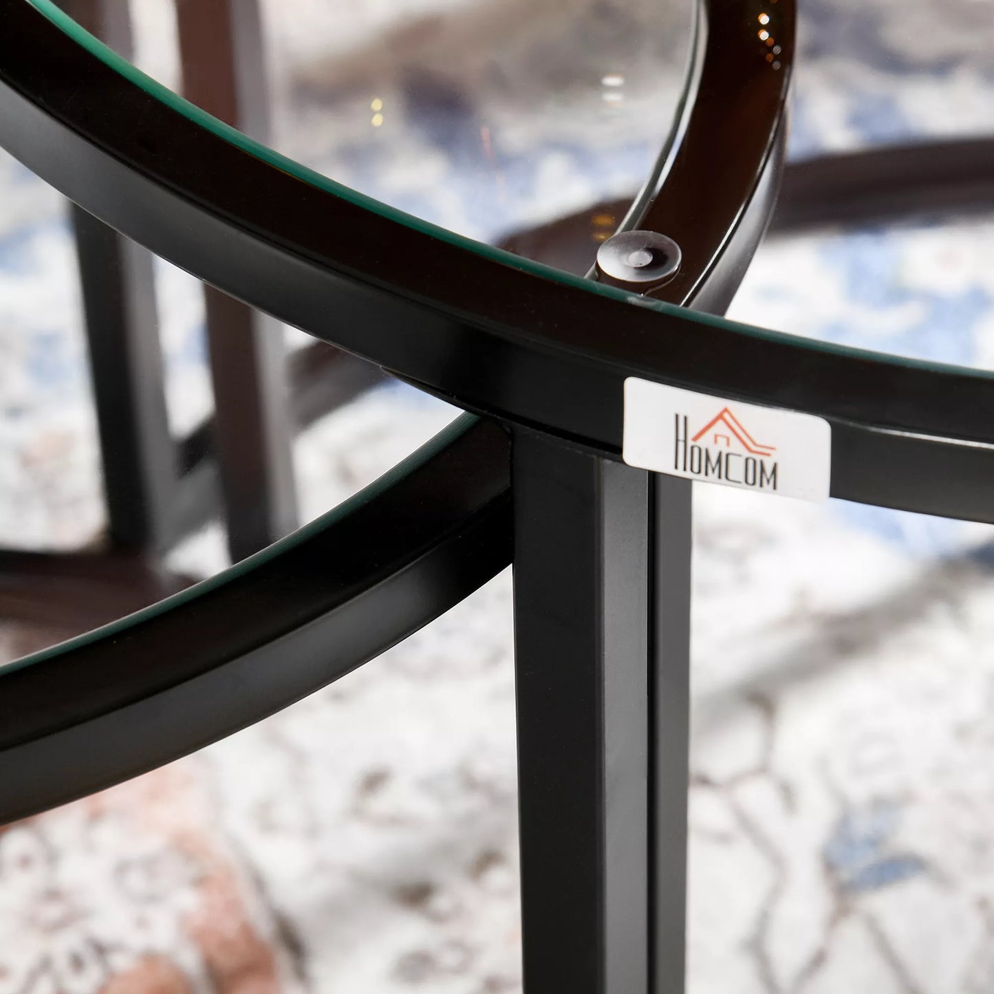 2 vnt. komplektas staliukų, kavos staliukai, pramoninio dizaino, stikliniai, sukraunami, juodi + permatomi