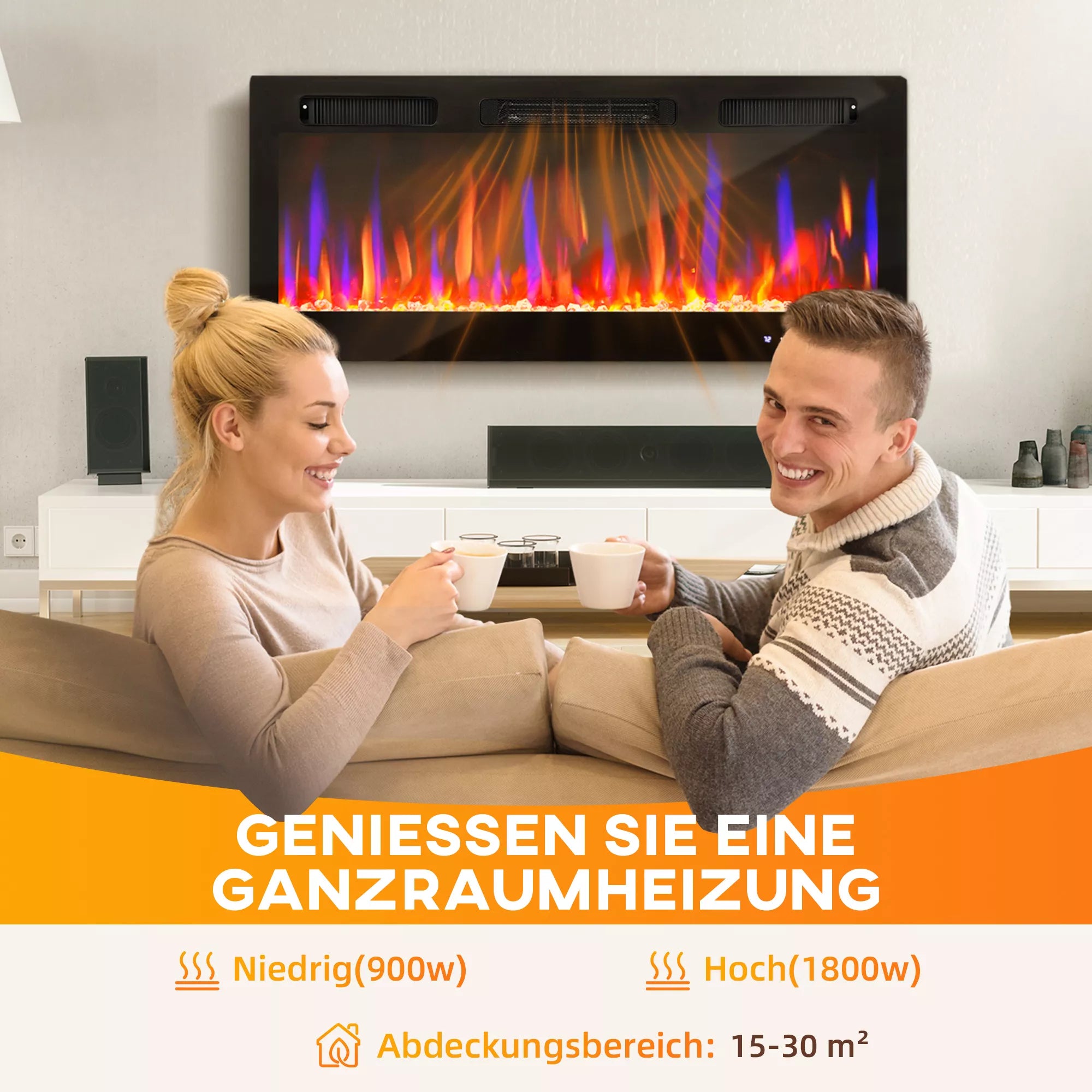 Elektrinis židinys, montuojamas prie sienos, reguliuojama liepsna, termostatas, laikmatis, plienas, juodas