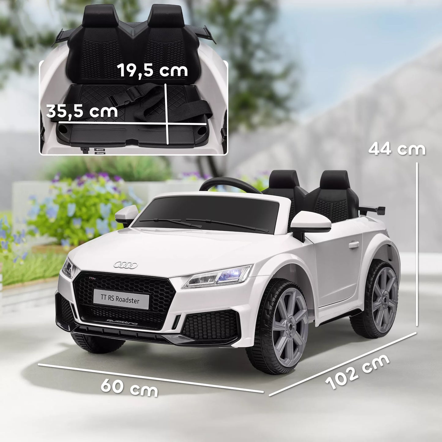 Vaikiškas elektromobilis, Audi TT RS Roadster, 3 km/h, su nuotolinio valdymo pultu, LED, USB, baltas