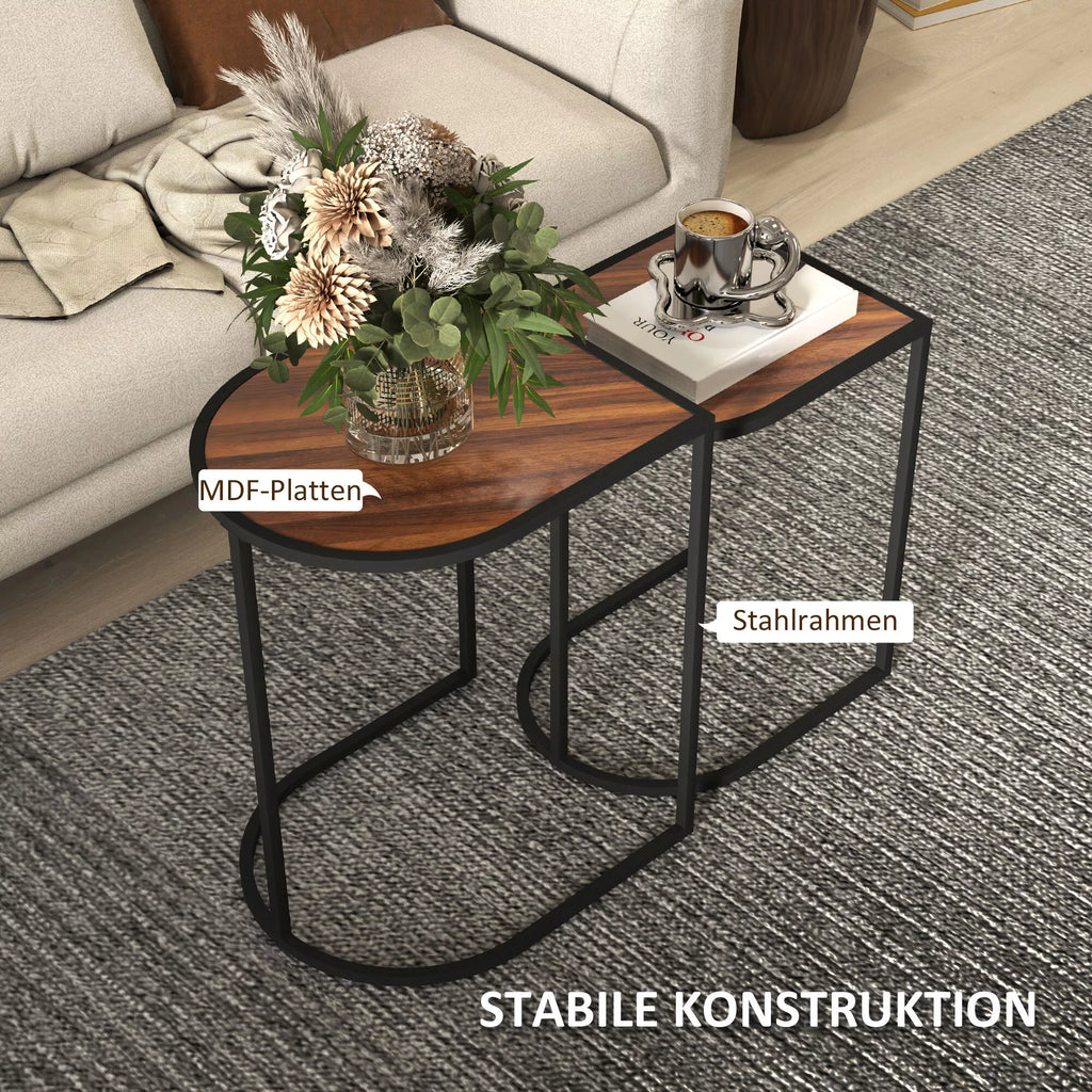 Staliukų komplektas, pastatomi staliukai, metalo rėmas, stalviršis medžio imitacijos, rudas