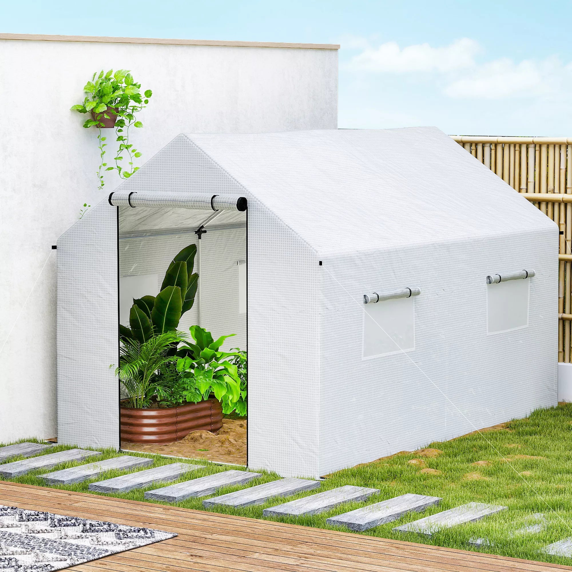 Plėvelinis šiltnamis 3×2×2 m su 4 vėdinimo langais, UV atsparus, baltas