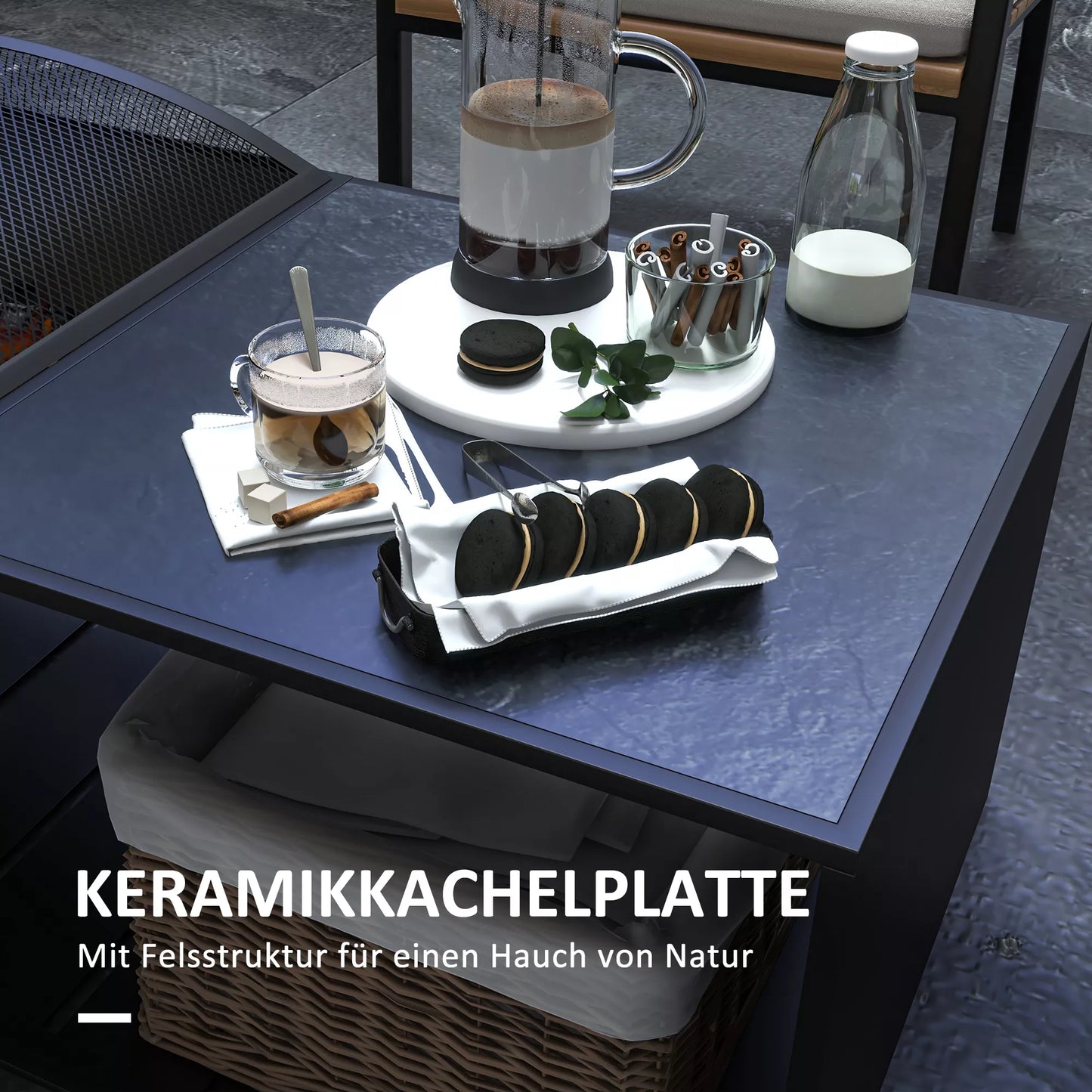 2in1 Lauko židinys, stalviršis su keraminėmis plytelėmis, žarsteklis, nerūdyjantis, 101 x 51 x 56 cm, juodos spalvos