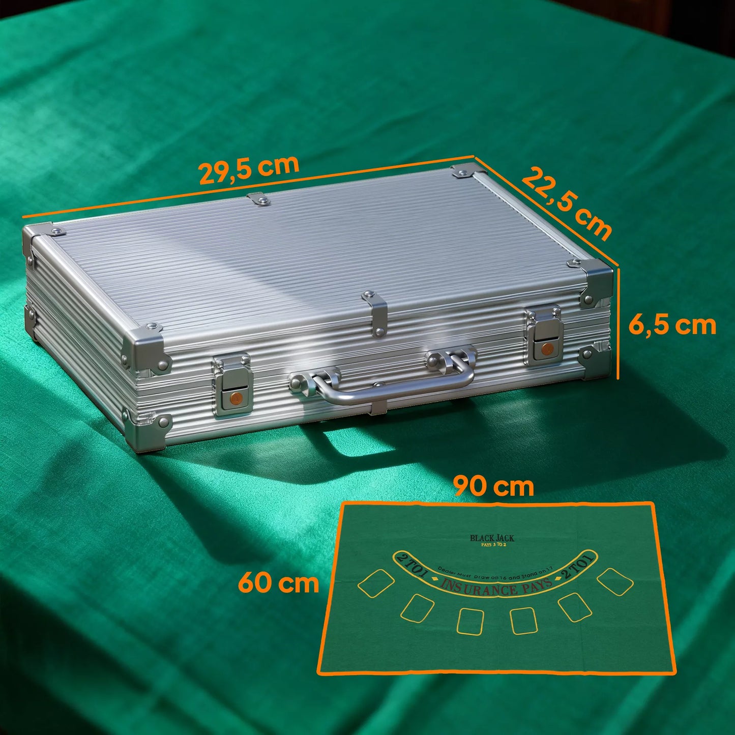 Pokerio žetonų rinkinys lagamine, su kauliukais, „Dealer“ žetonu, 2 kortų kaladėmis, sidabro spalvos