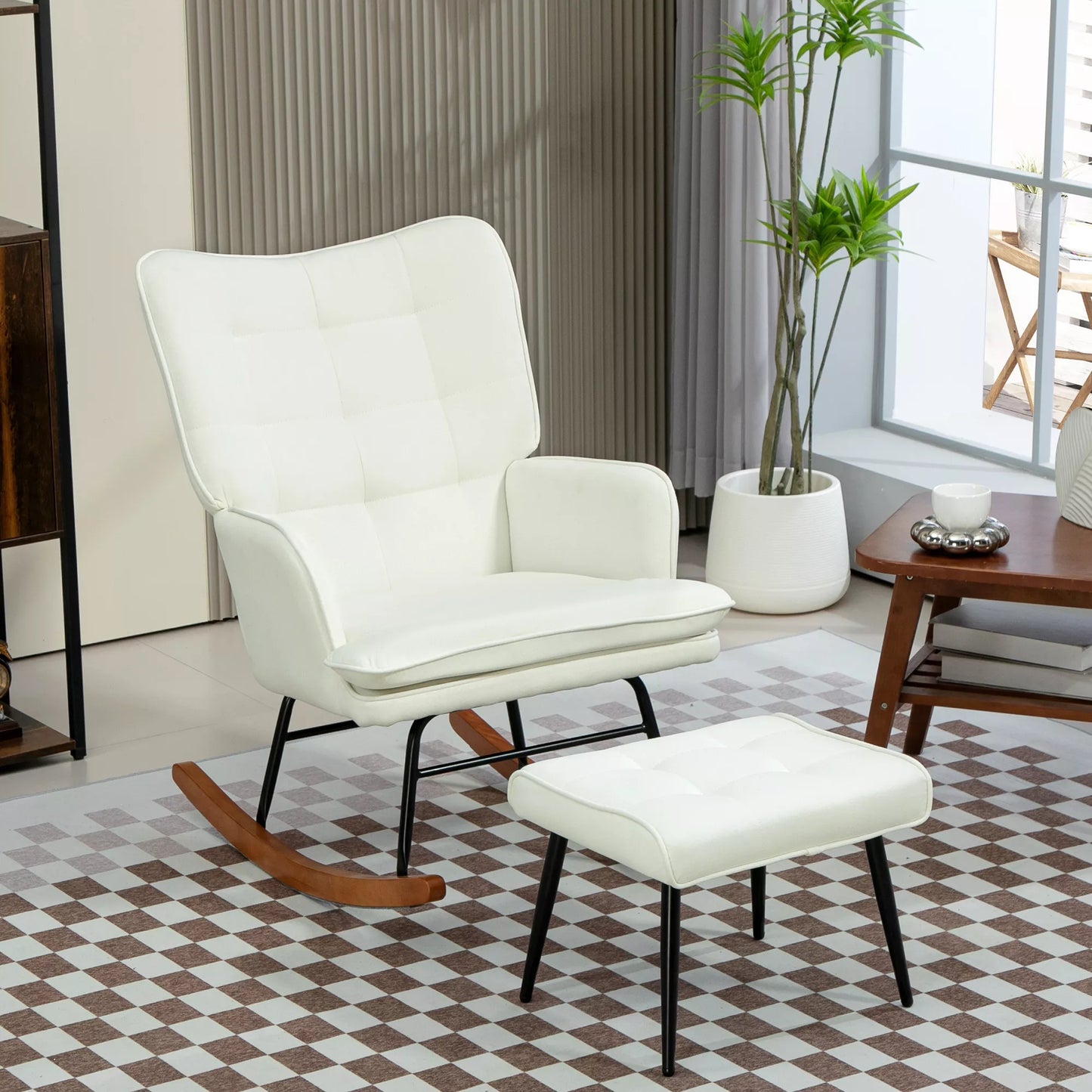 Supama kėdė su pakoja, švelnus supimosi mechanizmas, lininio audinio imitacija, 64 x 89 x 90 cm, kreminės baltos spalvos