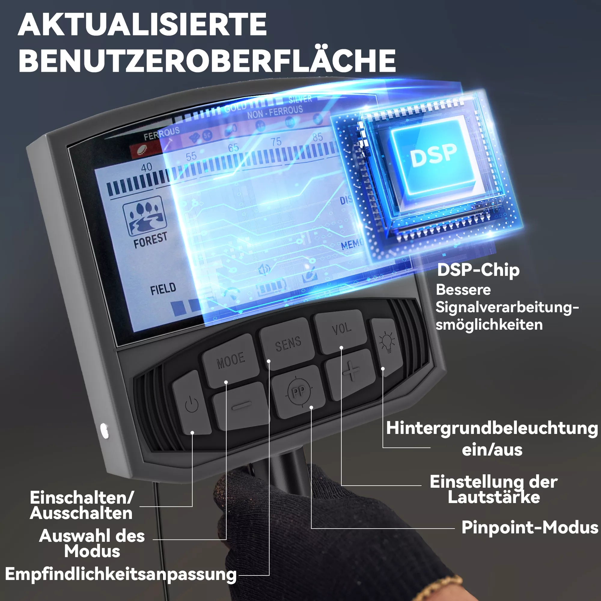 Metalo detektorius, reguliuojamas, su LCD ekranu ir IP68 riše, tamsiai pilkas