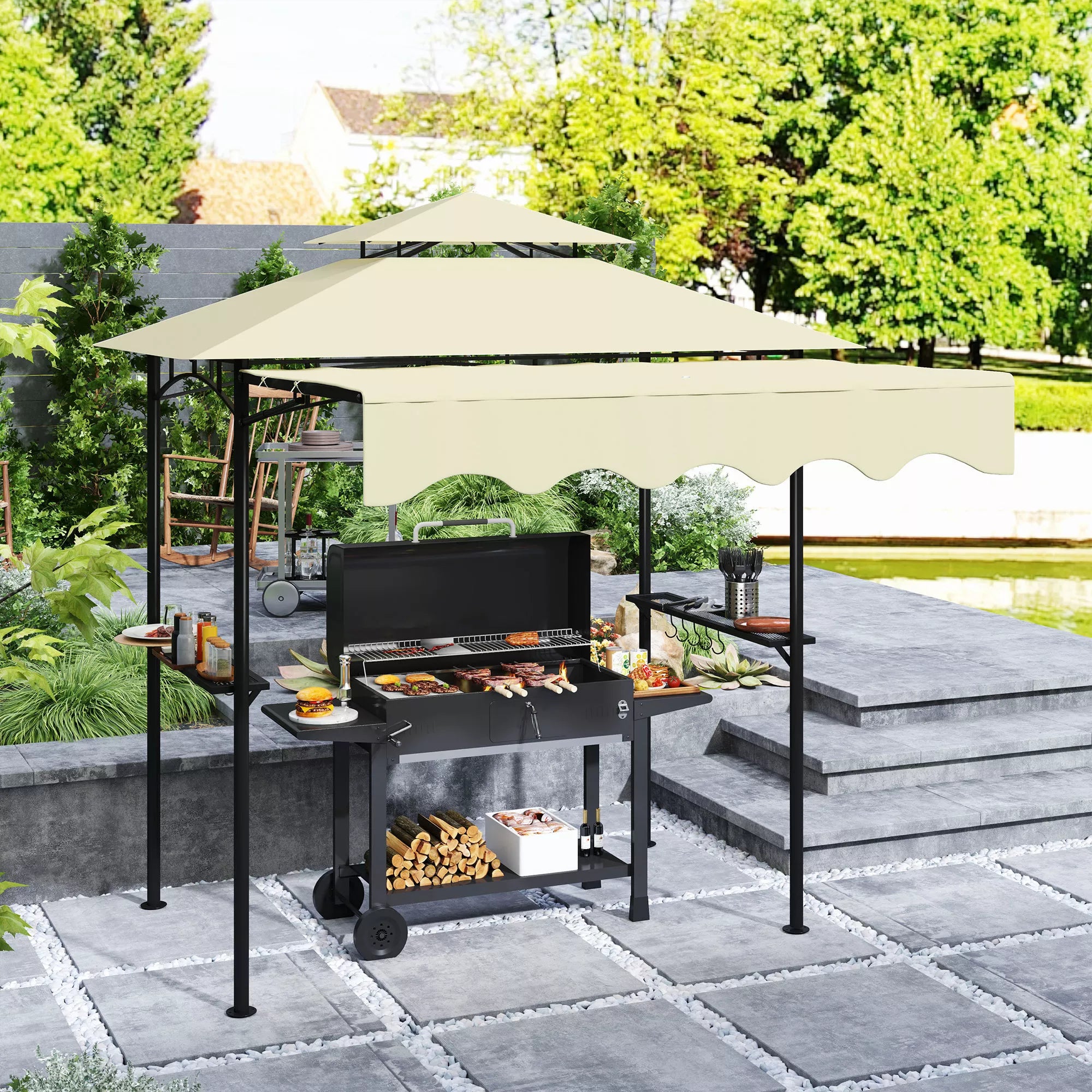 Grillpavillon 242x232x248 cm vandeniui atsparus, ugniai atsparus sodo paviljonas su dvigubu stogu, smėlio spalvos