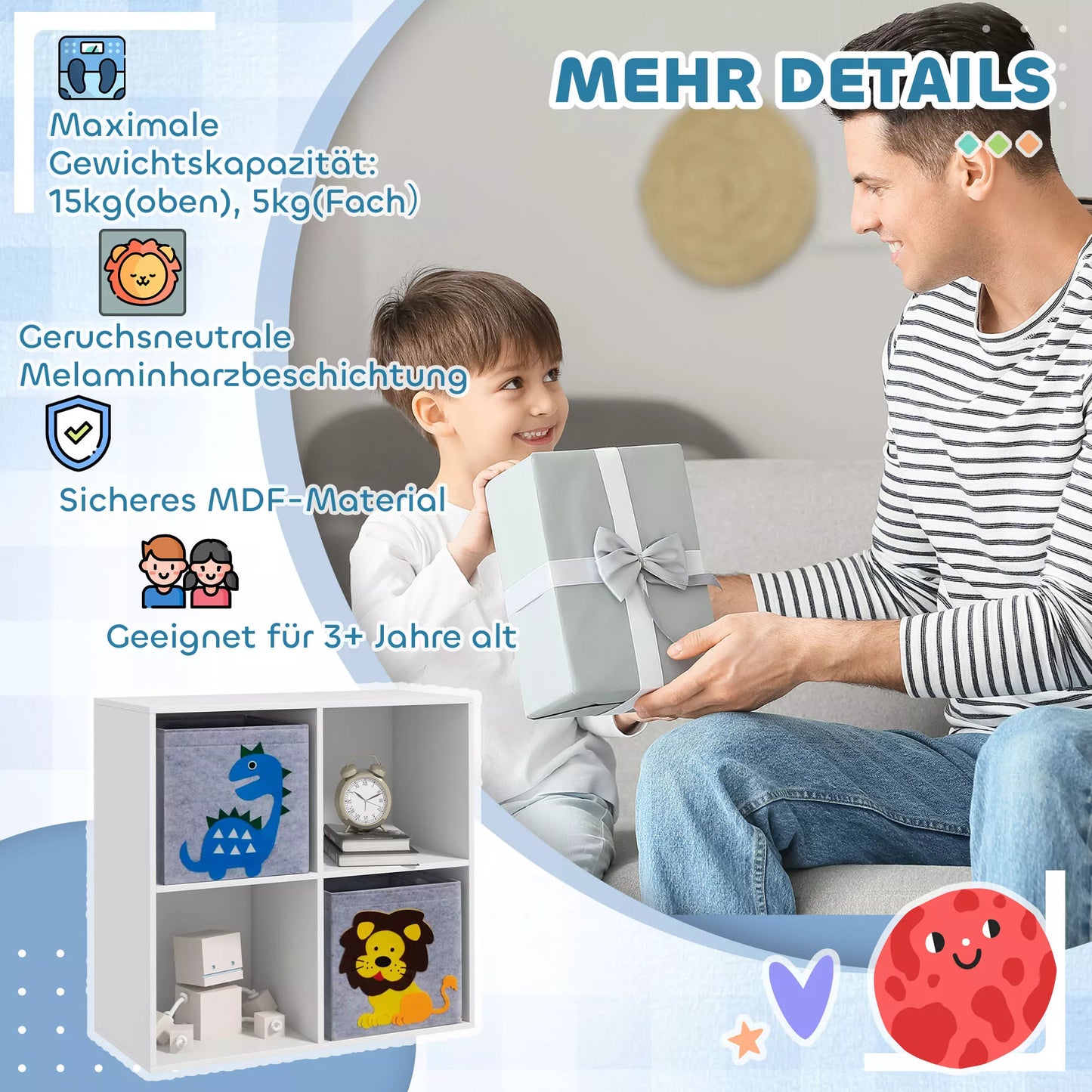 Vaikų daiktų laikymo lentynos, kubai, stalčiai, MDF, apsauga nuo apvirsties, balta