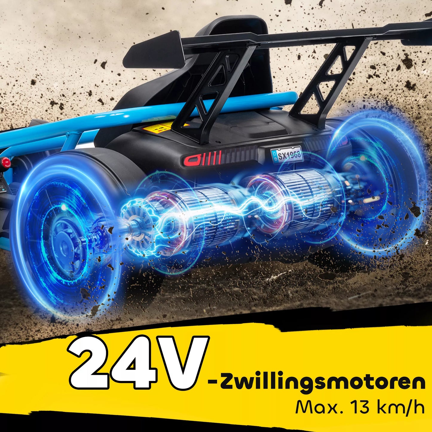 24V elektrinis Go-Kart, skirtas važiuoti ir slysti, nailoniniai ratai, saugos diržas, garsinis signalas, muzika 8-12 metų vaikams Mėlynas