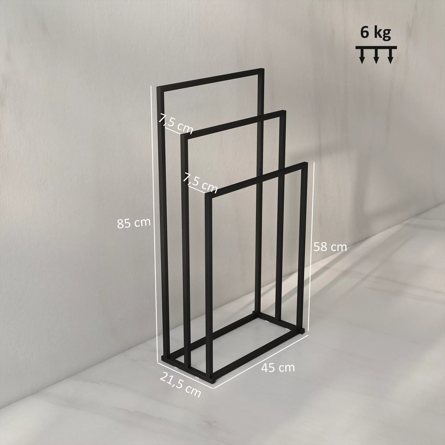 Pastatomas rankšluosčių laikiklis su 3 strypais, rankšluosčių stovas/kopetėlės iš plieno 45 x 21,5 x 85 cm