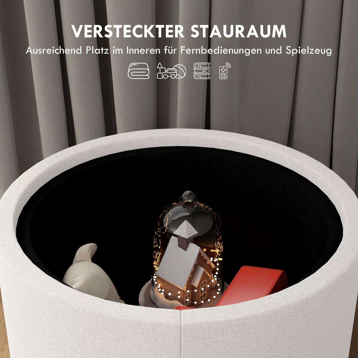 Pufas su paminkštinimu, linas, paslėpta saugykla, apverčiamas dangtis, 56 cm x 56 cm x 42 cm, kreminė + natūrali