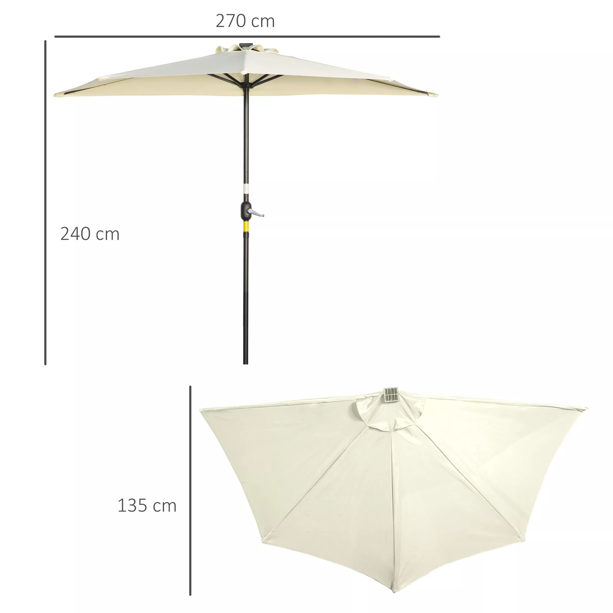 Lauko skėčio schema su matmenimis 270, 240 ir 135 cm