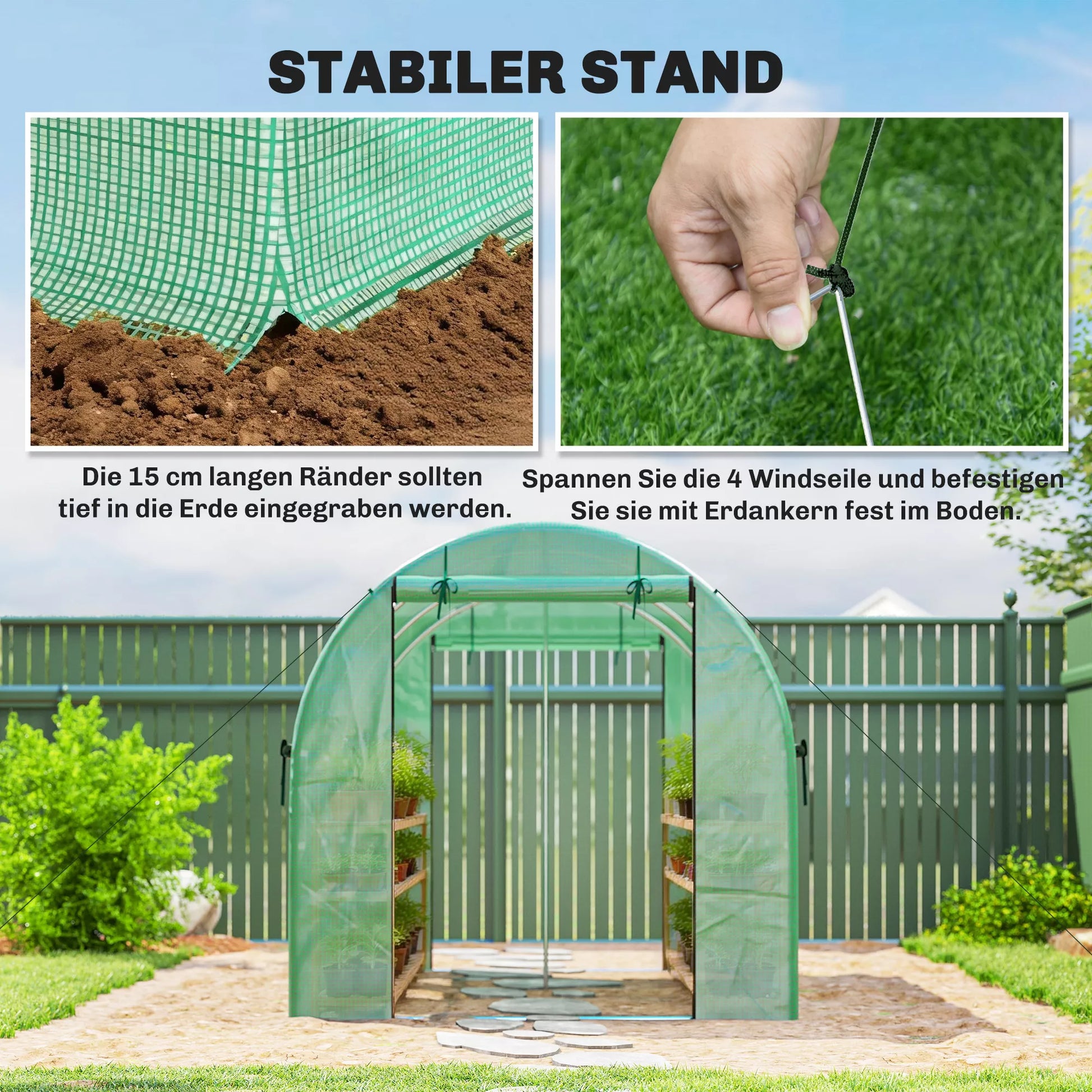 Šiltnamis su dvejomis užtraukiamomis durelėmis ir šešiais tinkliniais langais, plėvelinis ir plienas, 3 x 2 x 2 m, žalia