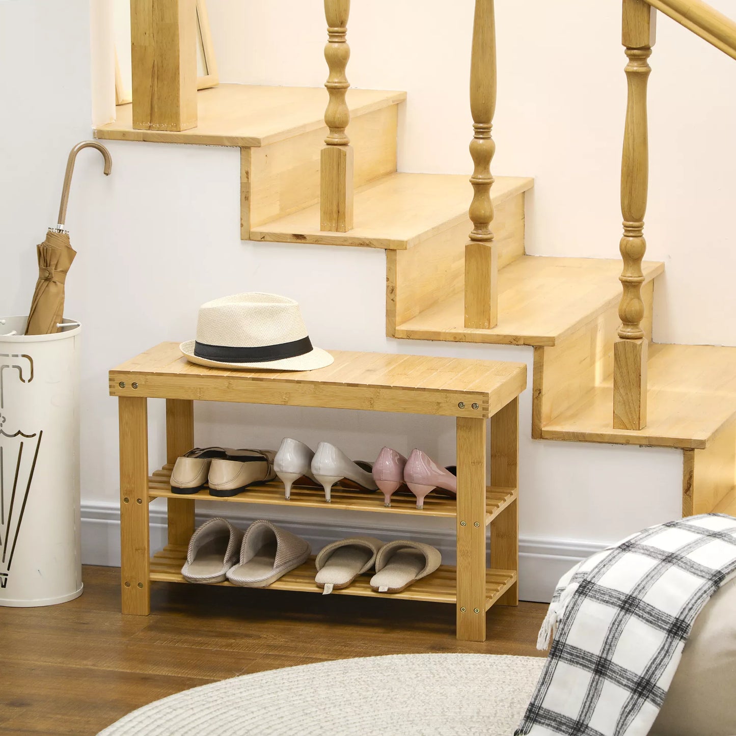 Batų suolas, 3 lentynos, talpa 6-9 poroms batų, iki 130 kg, bambukas, 70 x 28 x 45 cm