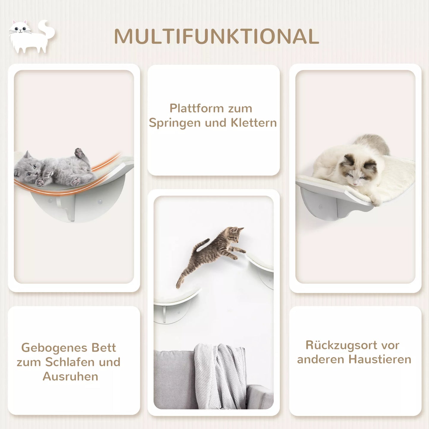 Katės lentyna, montuojama ant sienos, minkštas gulėjimo paviršius, iki 10kg, 41x28x21cm, balta