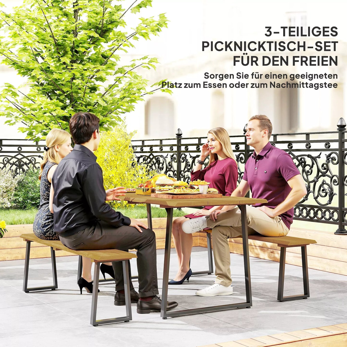 3 dalių medinė sėdimoji grupė, valgomojo komplektas 6 žmonėms, valgomasis stalas su 2 suoliukais, skylė skėčiui, medinis stalas 178 x 76 x 77 cm, natūrali mediena