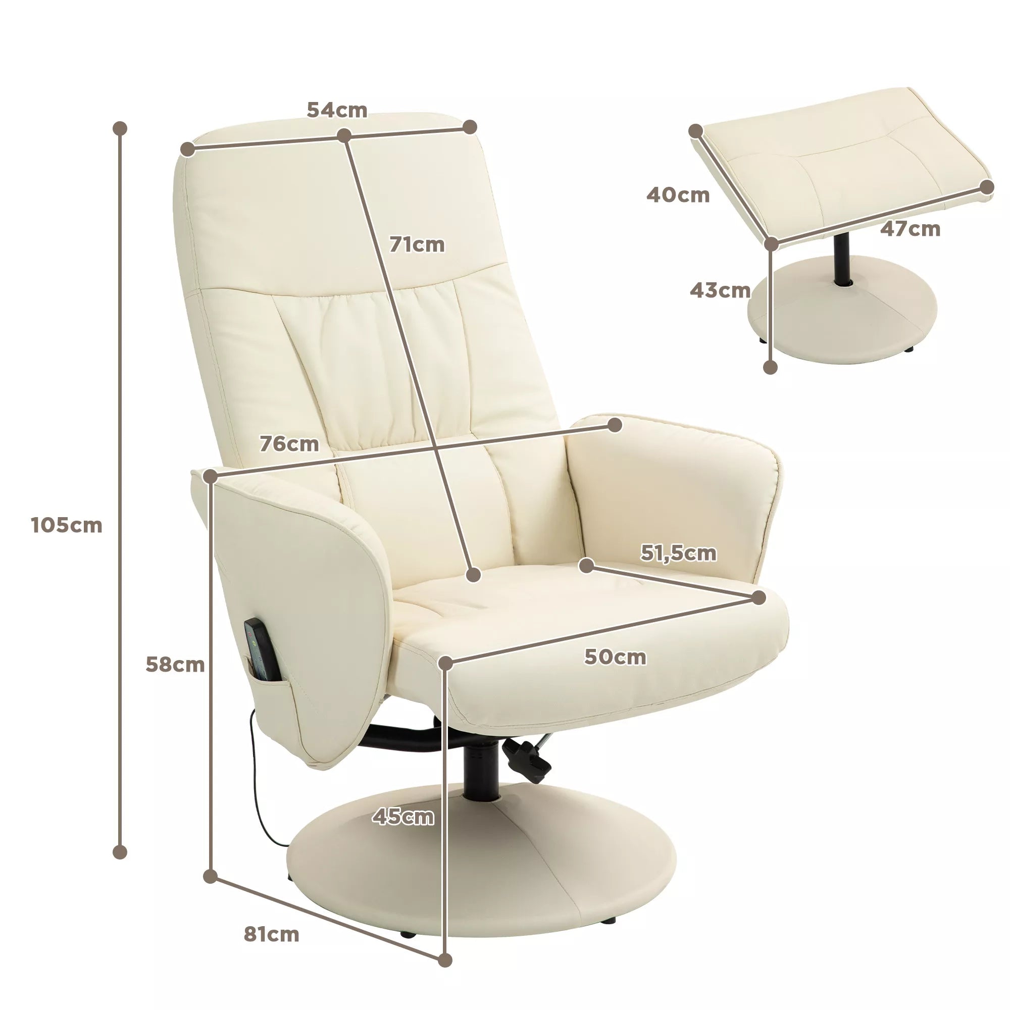 Atlojamas krėslas su pėdų atrama, Ergonominis krėslas su 10 vibracijos taškų, dirbtinė oda, 76 x 81 x 105 cm, kreminės baltos spalvos