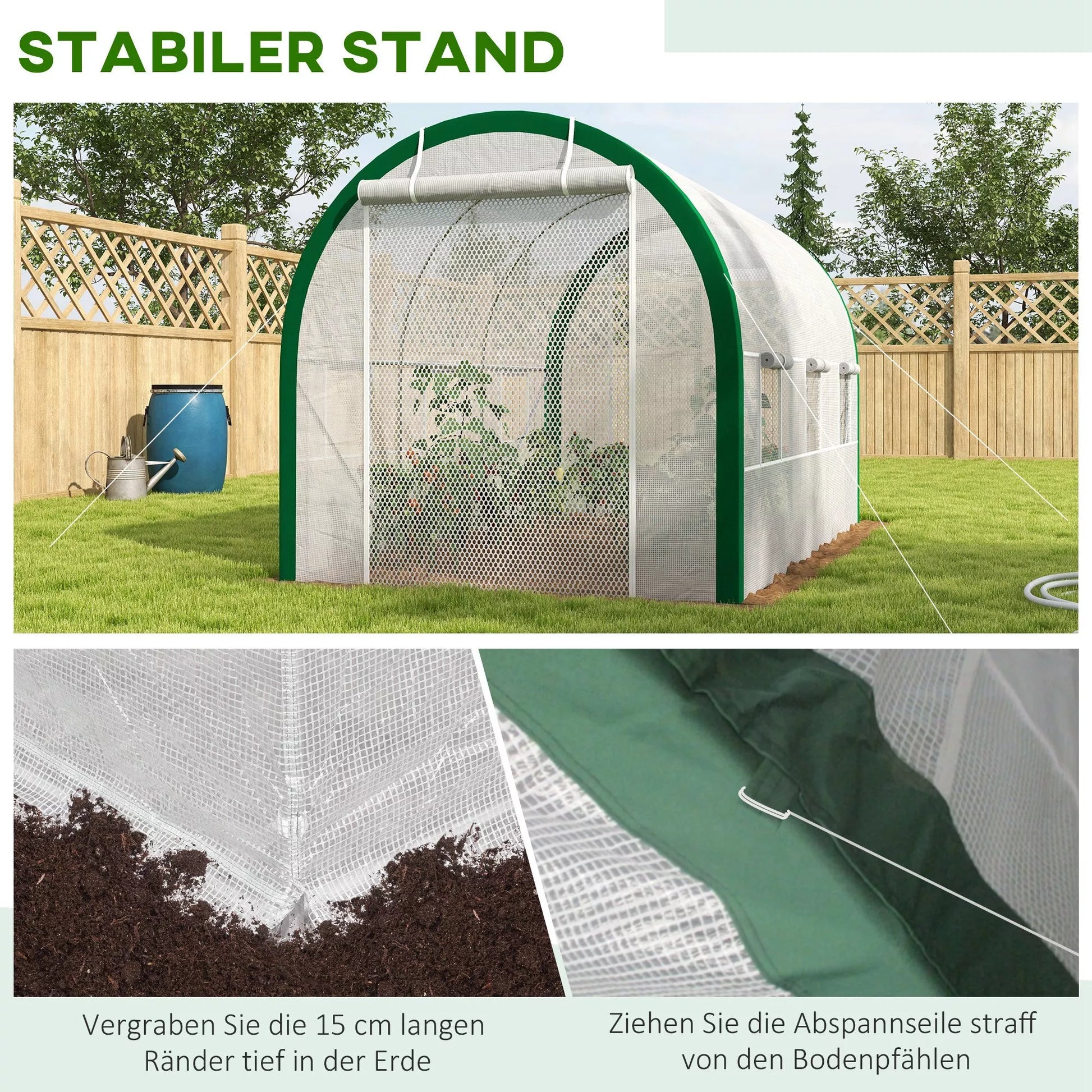 Tunelinis šiltnamis, šiltnamis, užtrauktukinės durys, tinkliniai langai, metalinis rėmas, 3,5 x 2 x 2 m, baltas